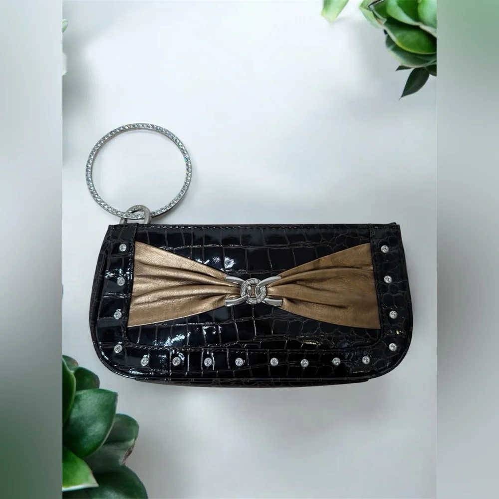Brown and Gold Croc-Embossed Clutch
